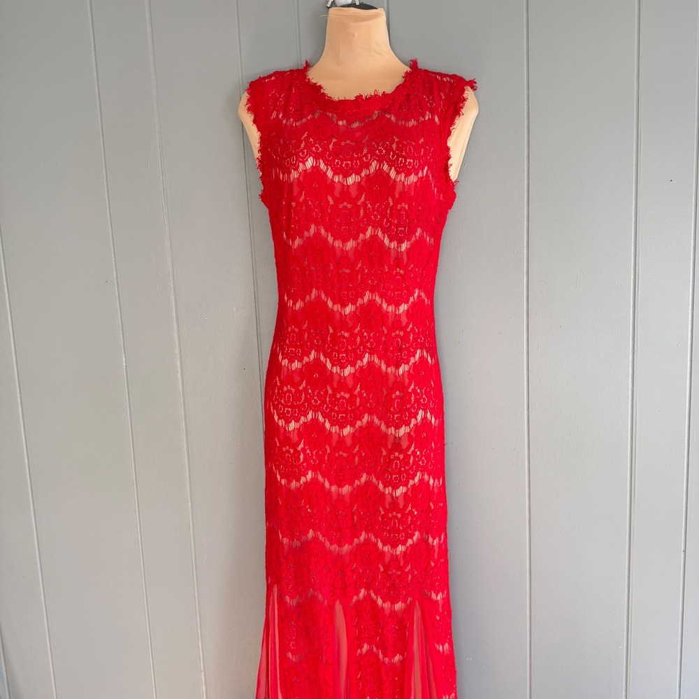 Betsy & Adam Red Lace Mermaid Prom Dress Open Back Formal‎ Evening Gown 10